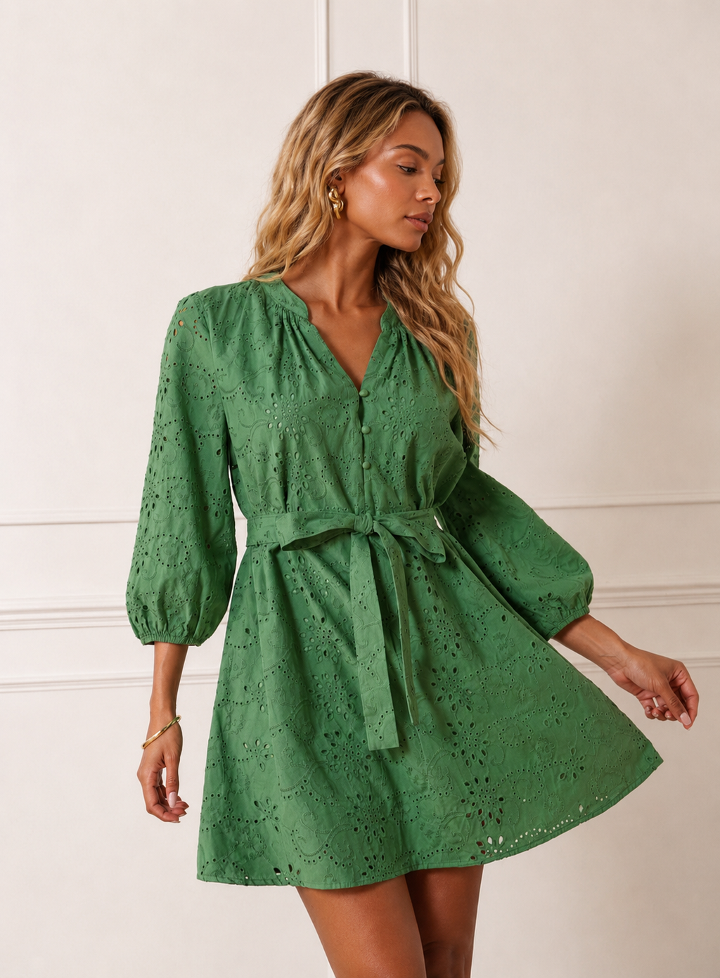 Robe Mini Brodée en Coton 100% Vert Nature