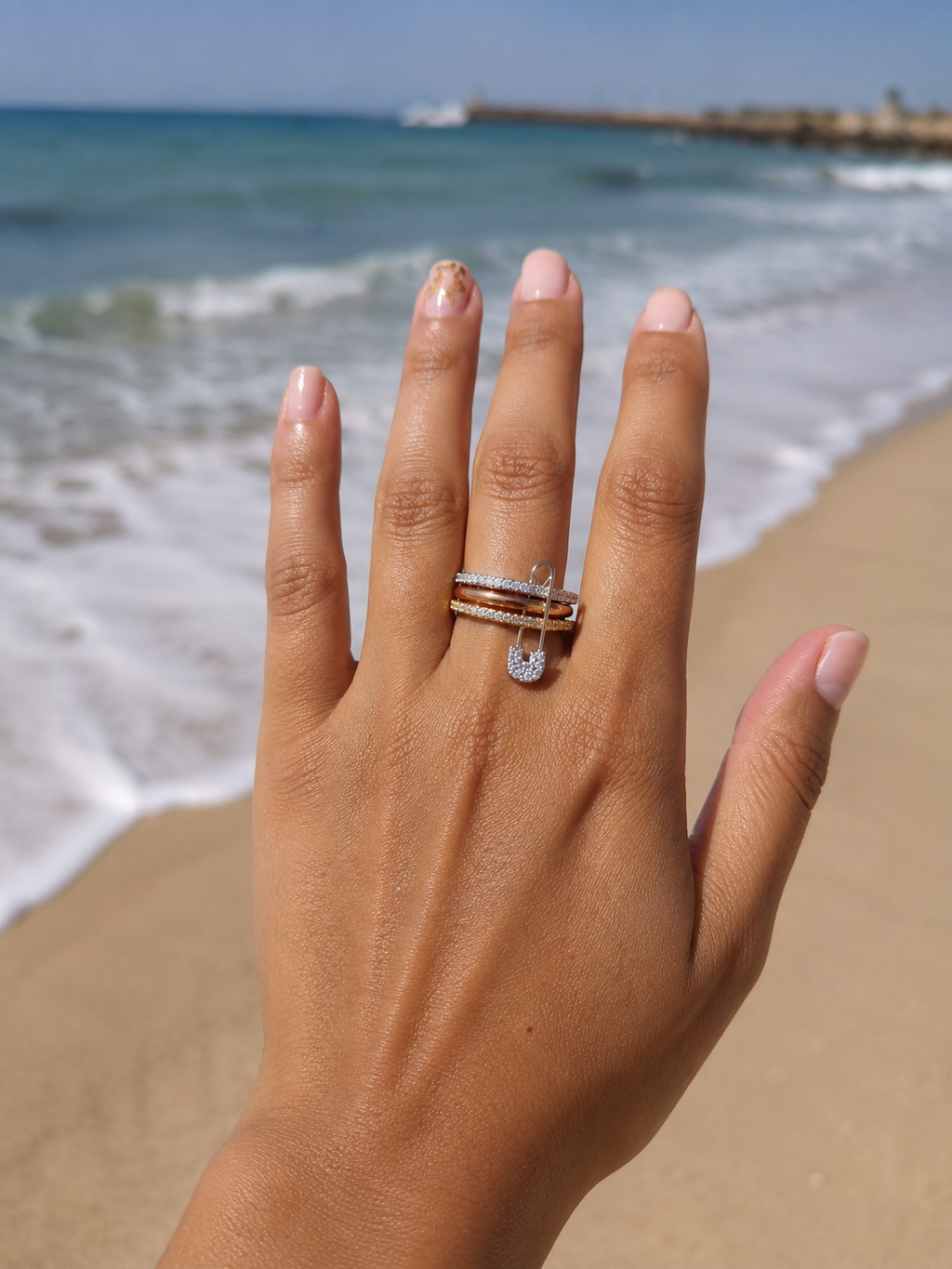 Acier Inoxydable Bague Épingle Luxe Tricolore Zircon