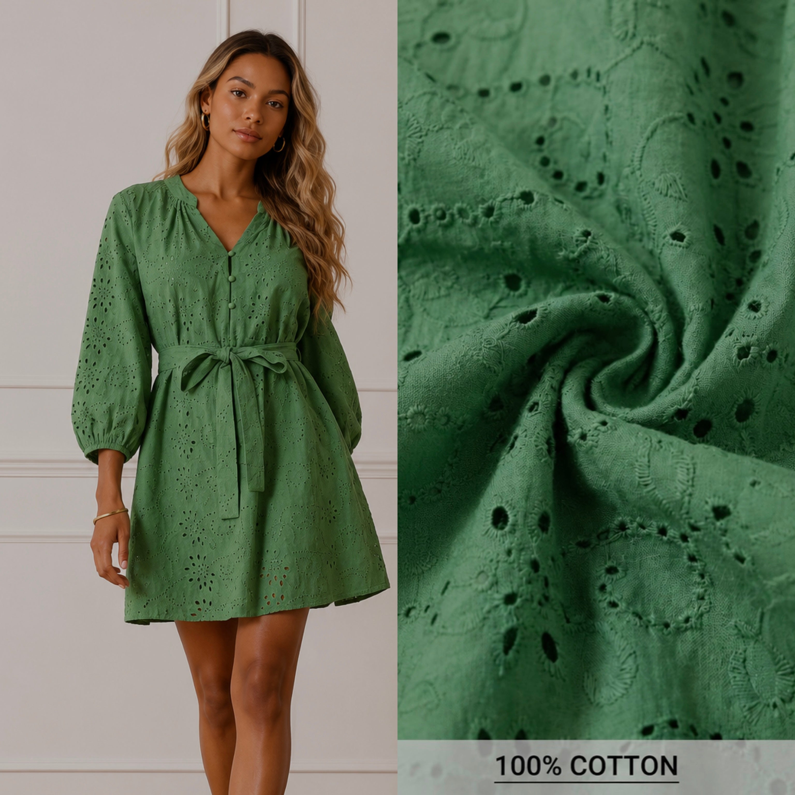 Robe Mini Brodée en Coton 100% Vert Nature