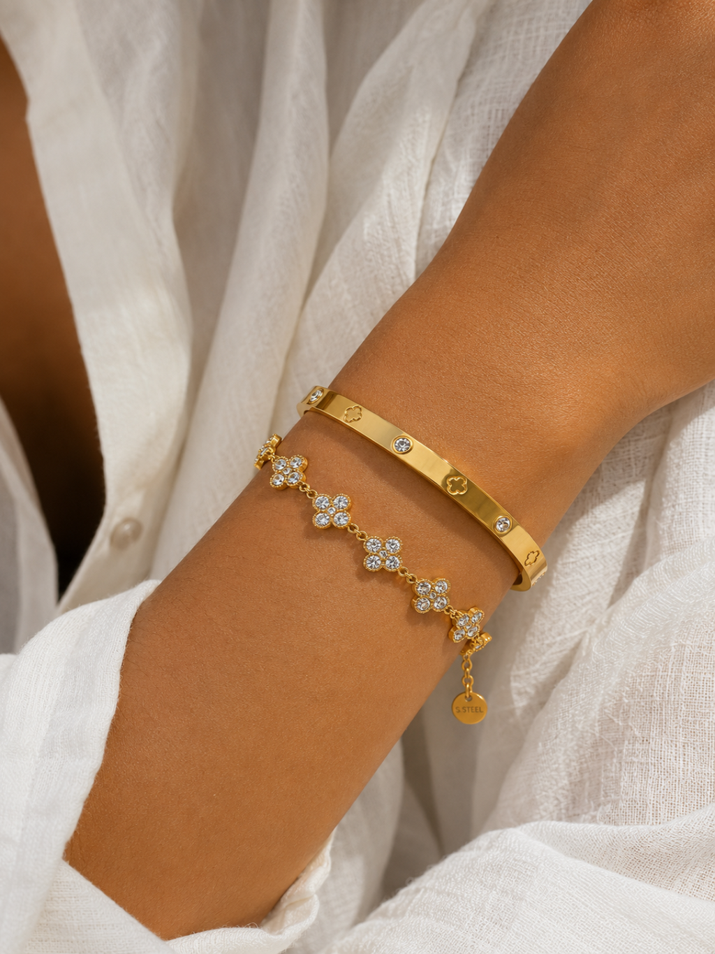 Acier Inoxydable - Bracelet Trèfle à Quatre Feuilles & Bracelet Jonc