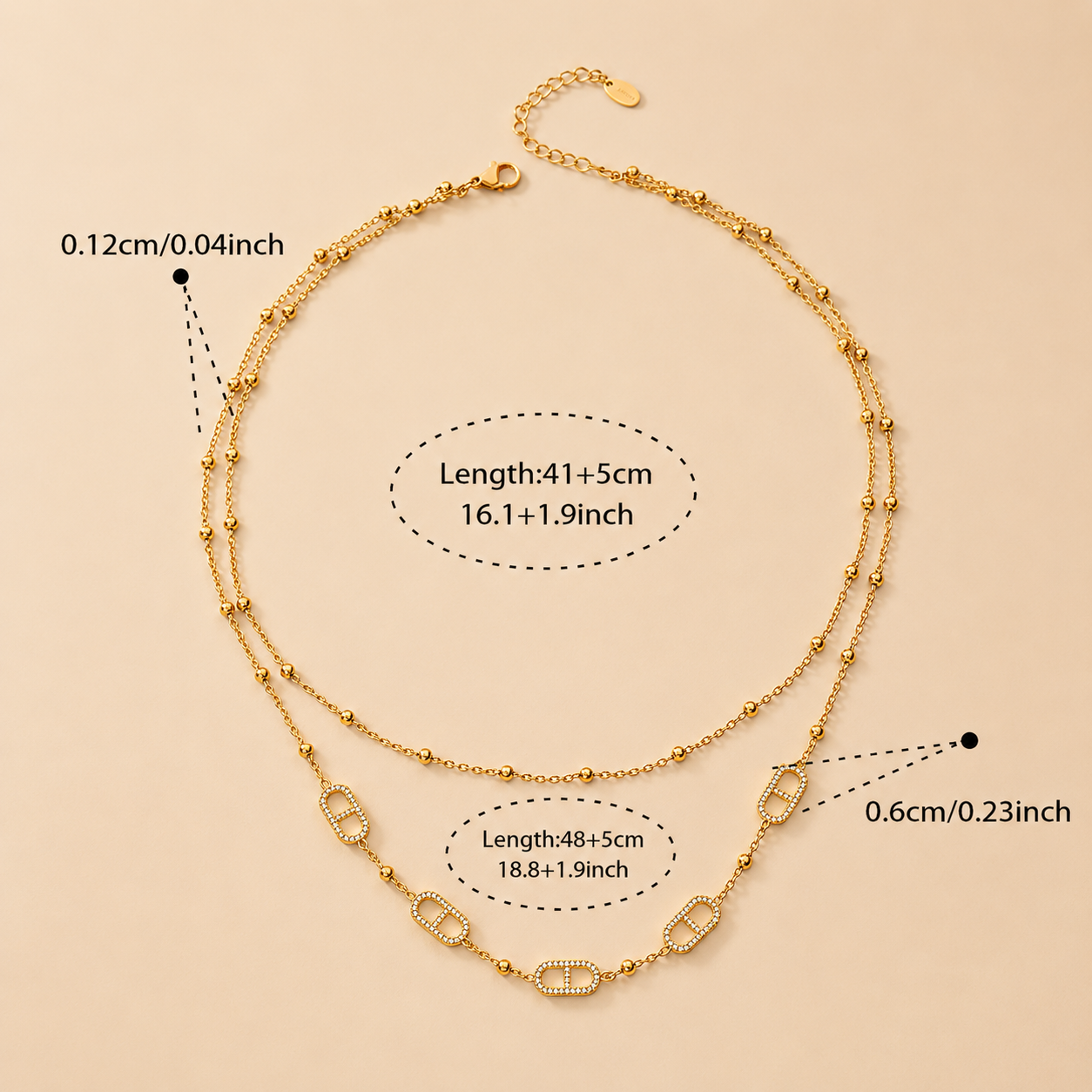 Collier Double Rang Plaqué or 18 carats Avec Breloque Zircon en acier inoxidable