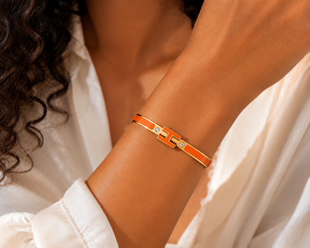 Acier Inoxydable - Bracelet Jonc H Élégance Orange Doré