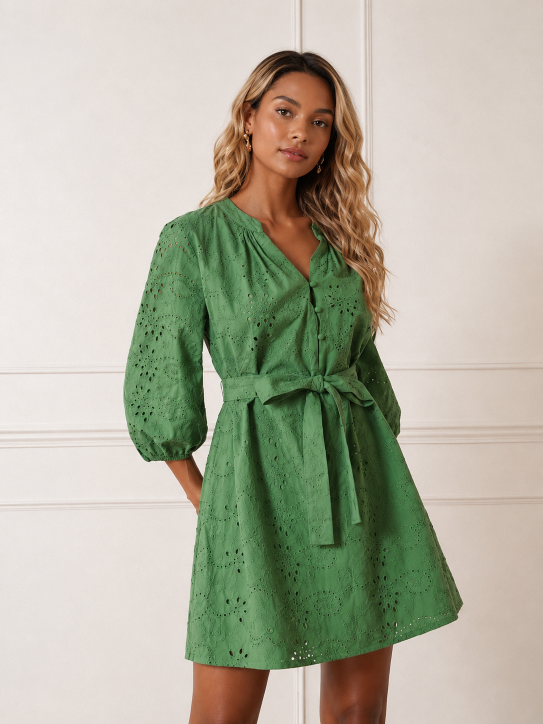 Robe Mini Brodée en Coton 100% Vert Nature