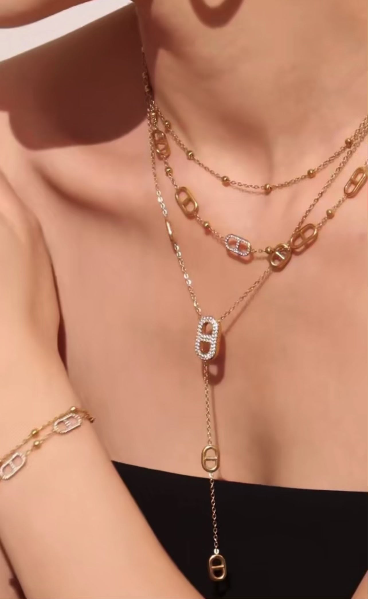 Sautoir Plaqué Or 18 Carats Avec Breloque Zircon en Acier Inoxidable